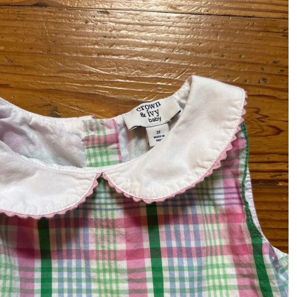 Crown & Ivy Dress Kids Pink Plaid Peter Pan Collar Sleeveless‎ Bow SIZE 3T